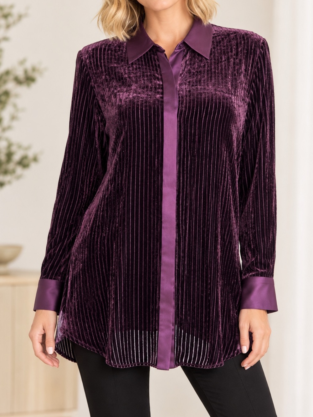 Elie Tahari Striped Plum Purple Velvet Silk Button Down Top Size Medium